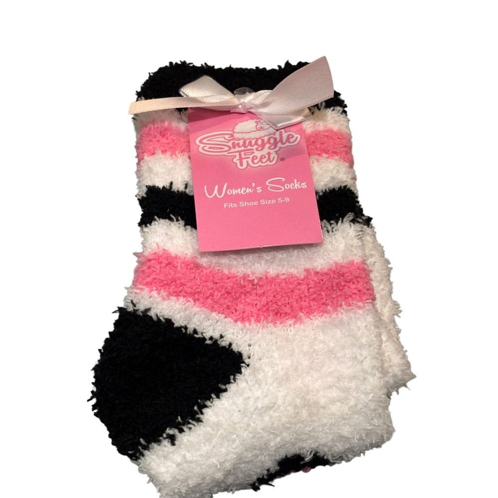 Snuggle Feet Womens Fuzzy Socks Striped Pink Black White Shoe Size 5-9 New